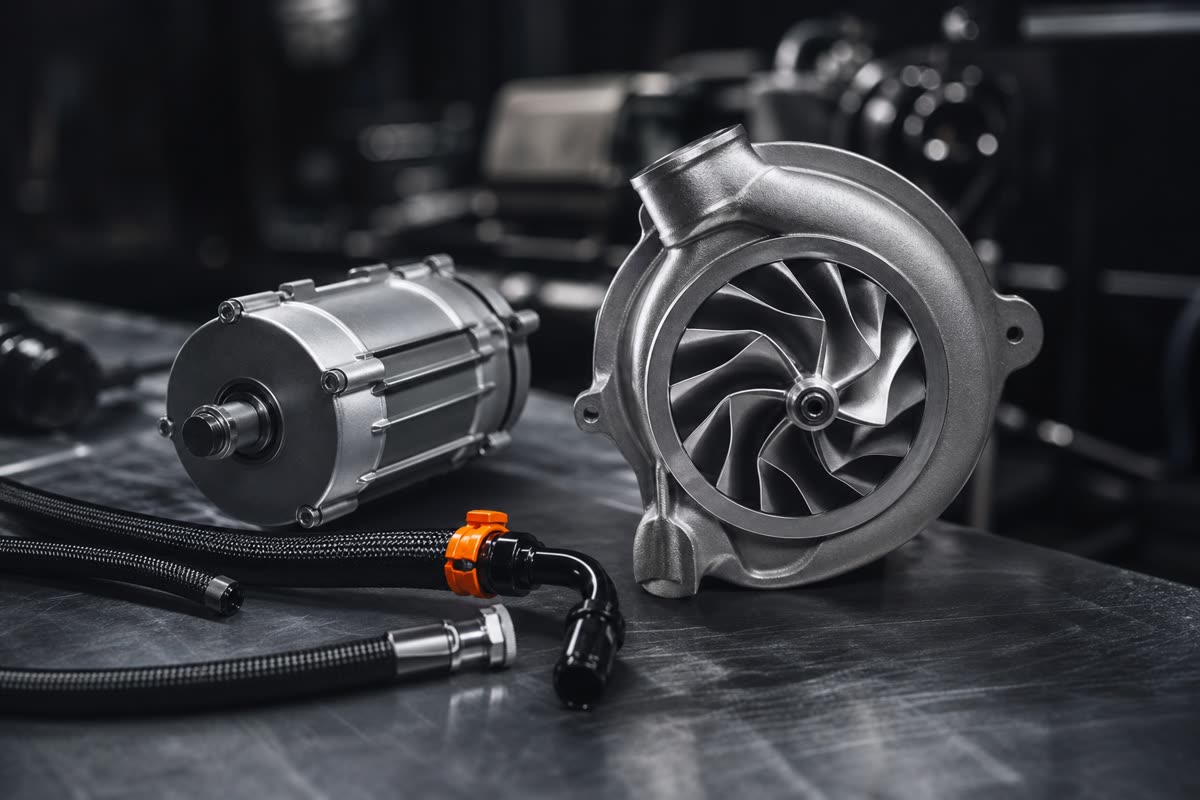Turbine de compresseur en aluminium et petit moteur électrique posés sur un établi d'atelier