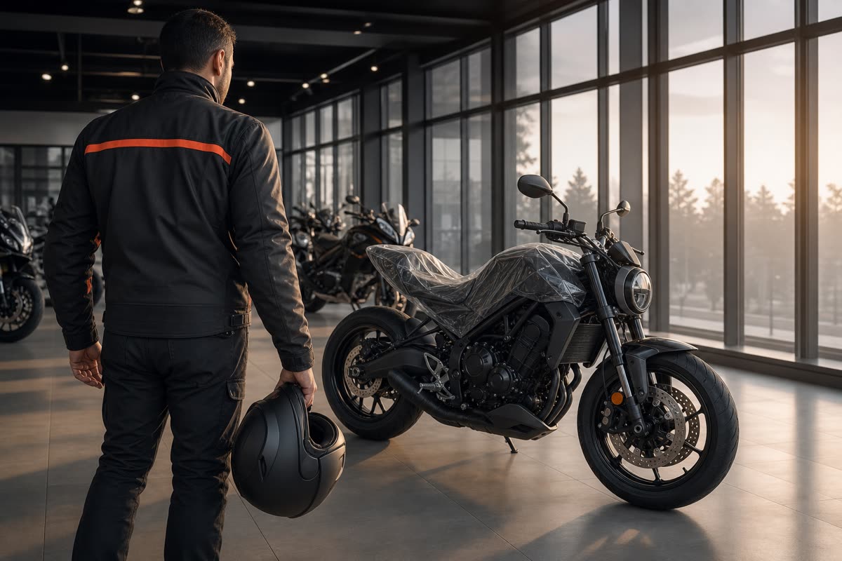 Motard de dos, casque intégral à la main, devant un roadster neuf encore sous film en concession