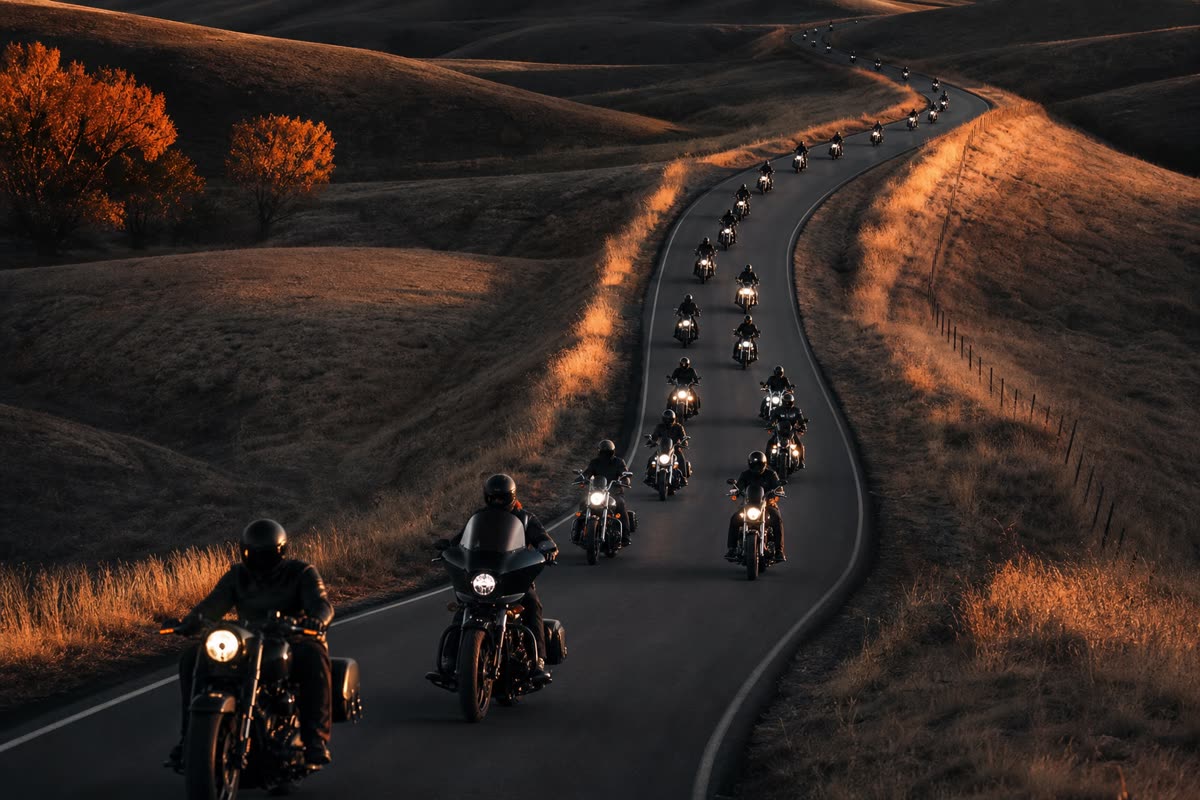 Long cortège d'une trentaine de motos serpentant sur une route de campagne entre des collines dorées