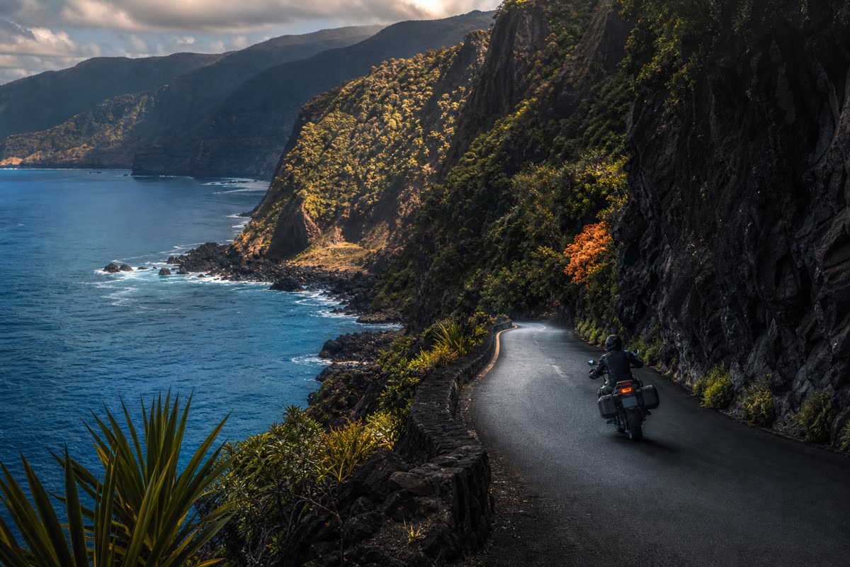 Motard seul sur une route côtière taillée dans des falaises volcaniques au-dessus d'un océan tropical