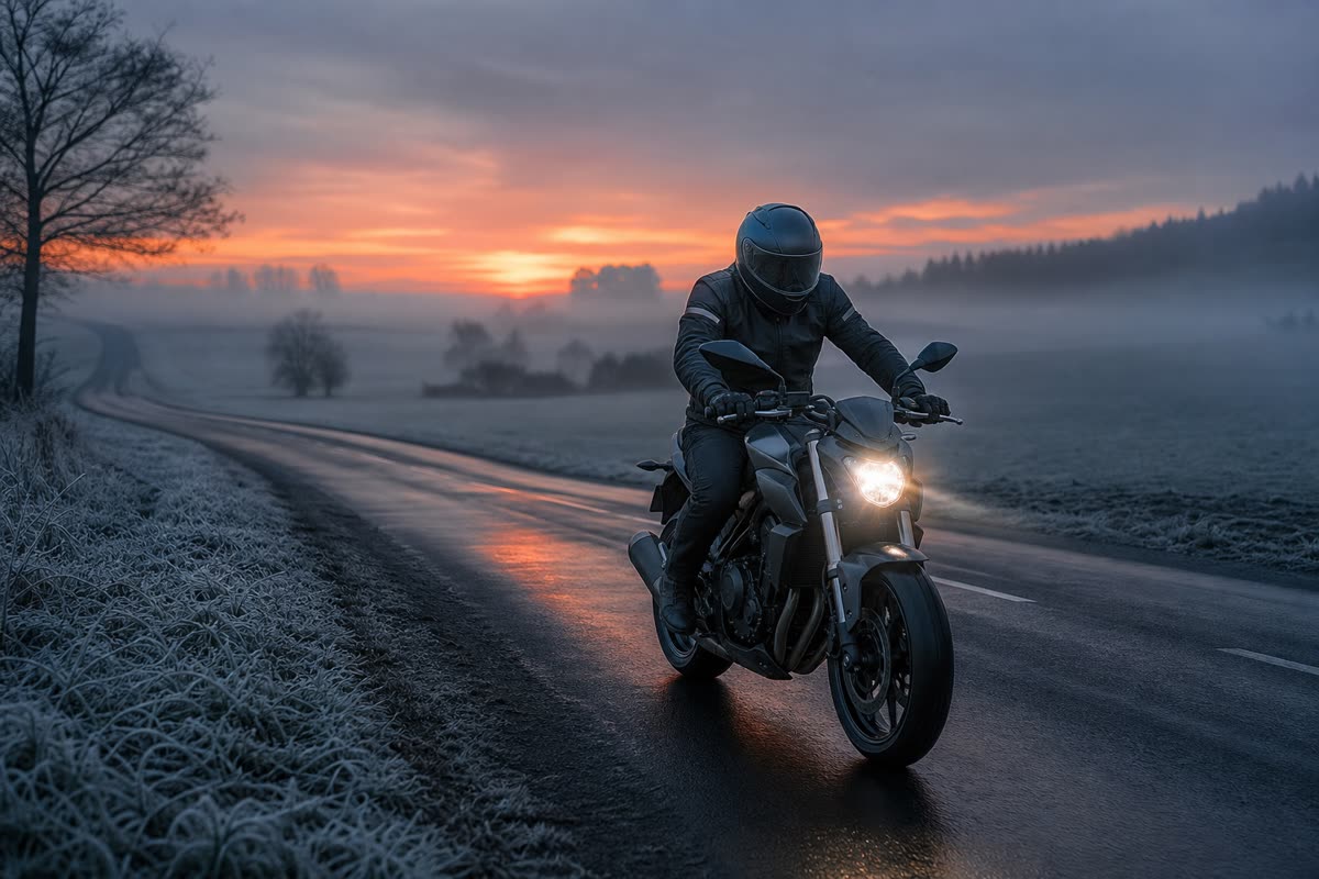 Motard sur une route de campagne givrée au lever du soleil, phare allumé dans la brume