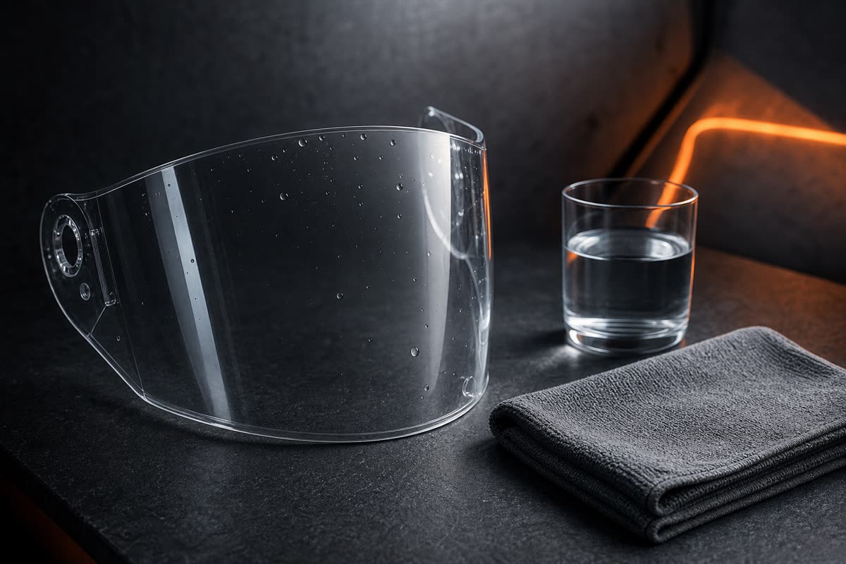 Écran de casque qui sèche debout près d'une microfibre pliée et d'un verre d'eau