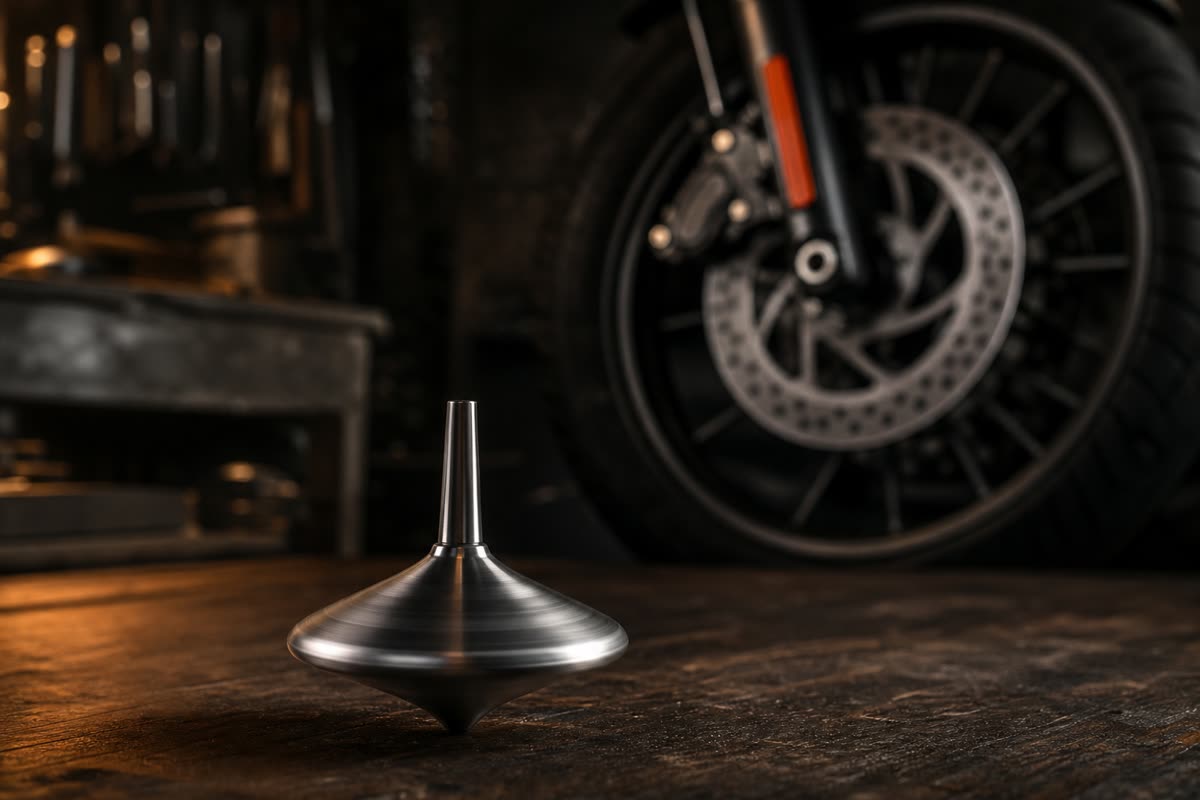 Toupie en acier qui tourne sur un établi d'atelier, une roue avant de moto en arrière-plan