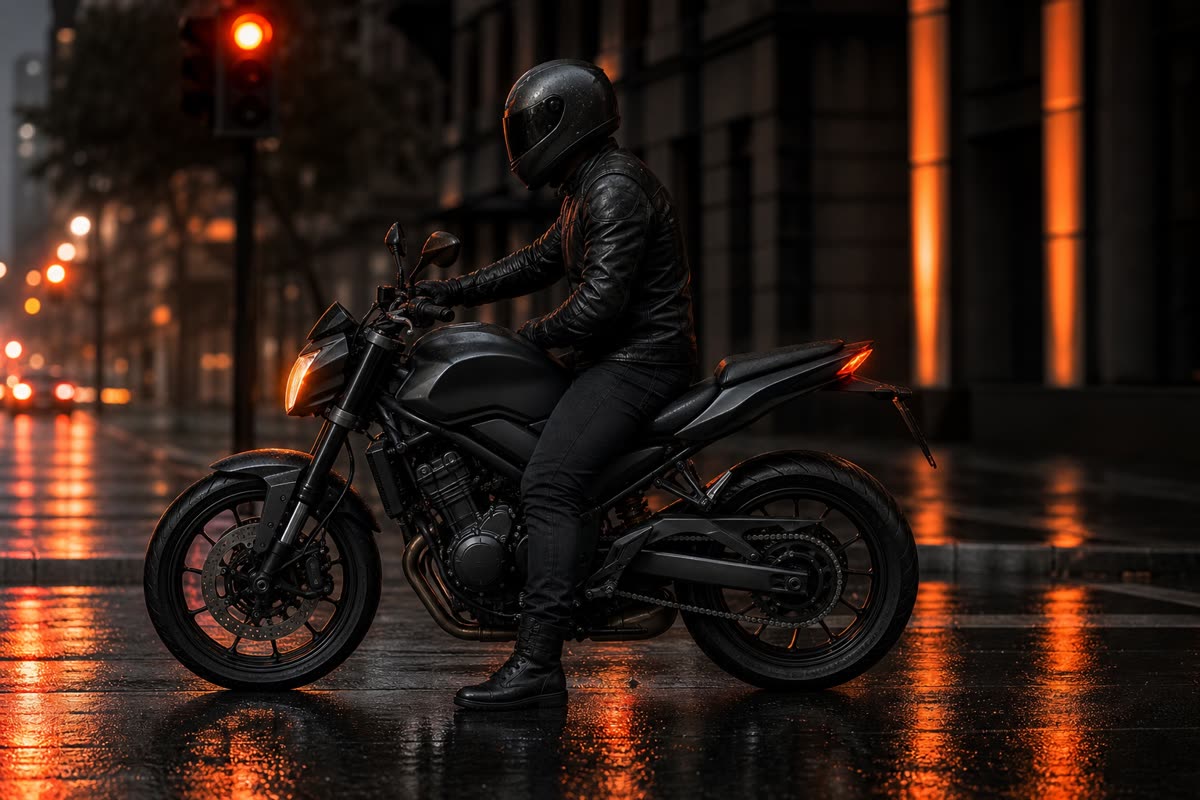 Motard arrêté à un feu rouge sur une chaussée mouillée, pied posé au sol pour retenir sa moto