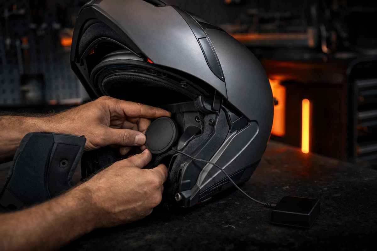 Mains qui posent un haut-parleur rond dans le logement d'oreille d'un casque modulable, mousse retirée, sur un établi