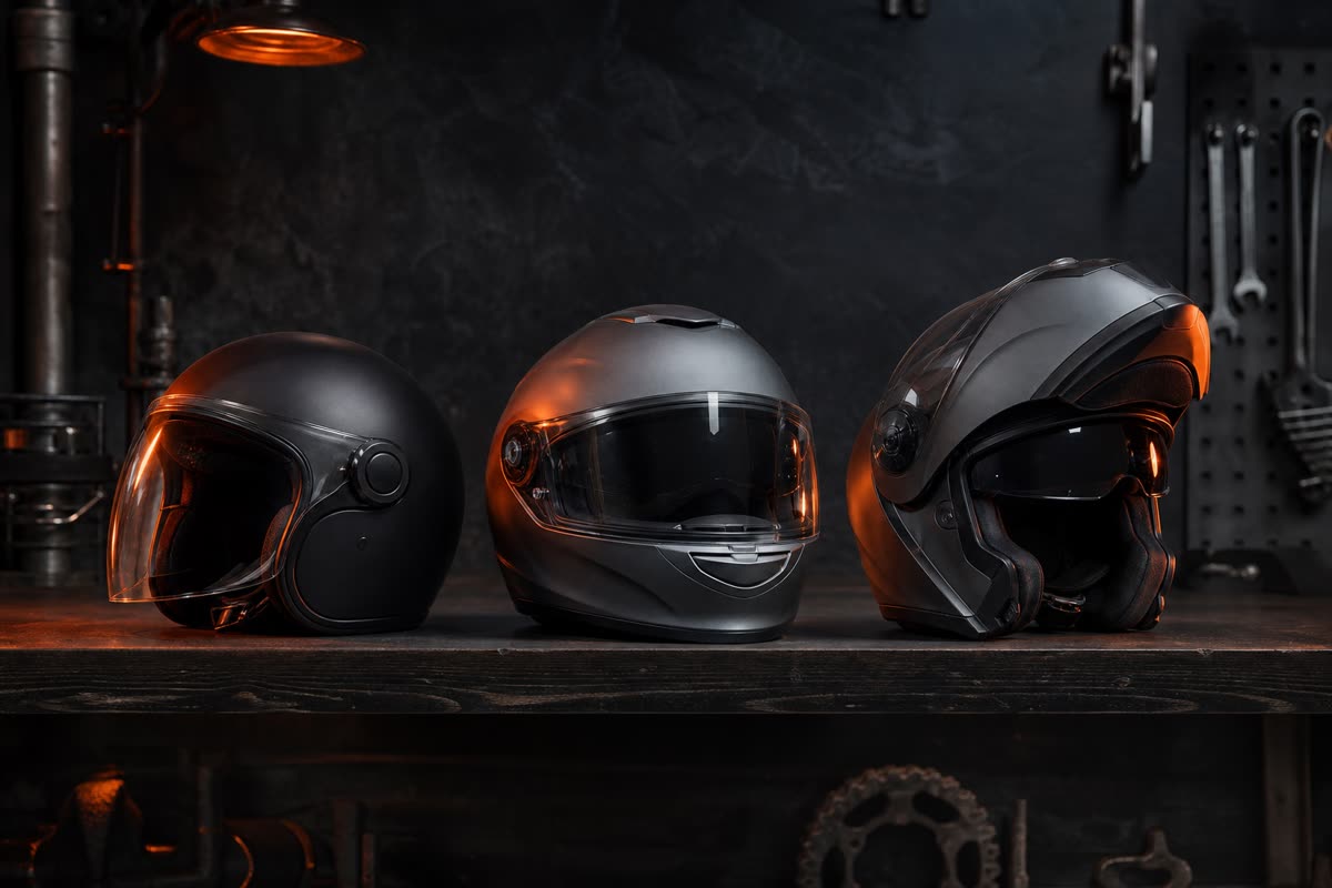 Un casque jet, un intégral et un modulable mentonnière relevée, alignés sur une étagère d'atelier