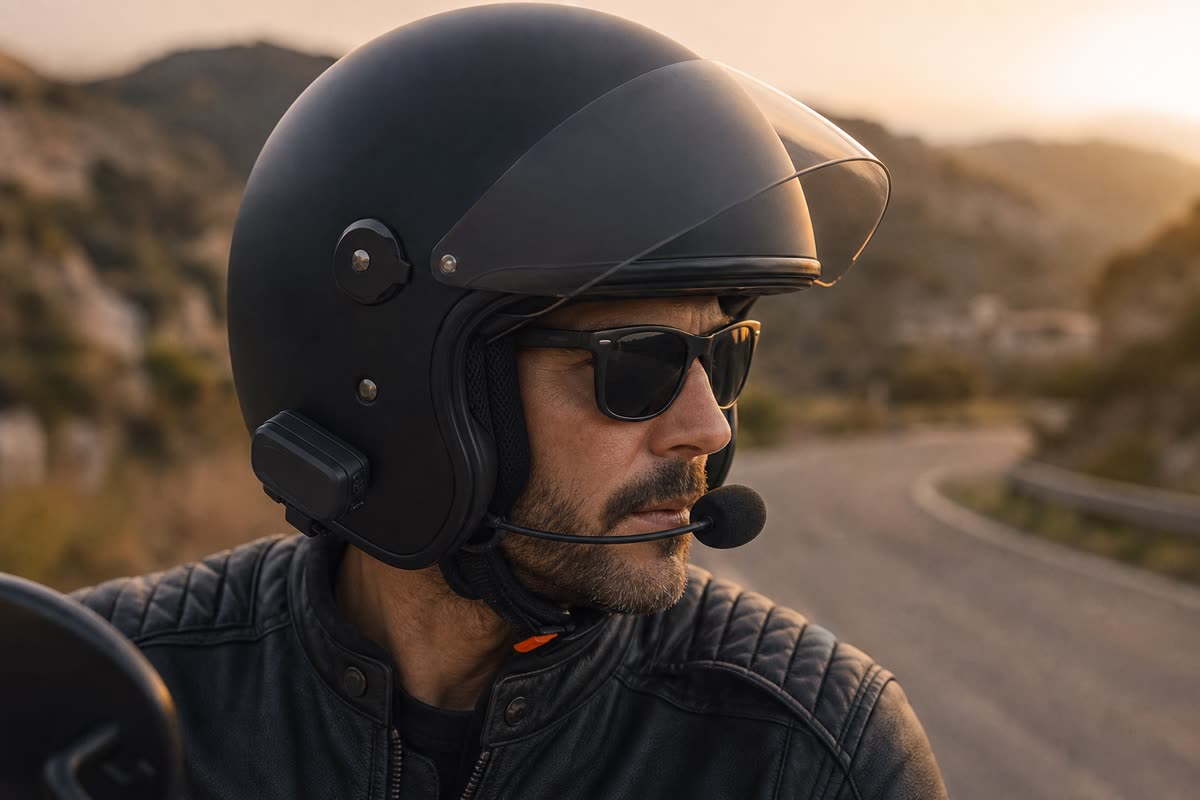 Motard en casque jet noir avec un micro perche devant la bouche et un boîtier sur le côté