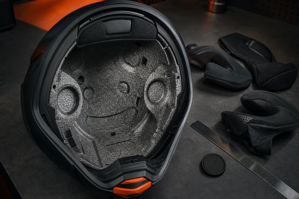 Intérieur d'un casque intégral sans ses mousses, logements d'oreilles creusés dans le polystyrène, haut-parleur posé à côté