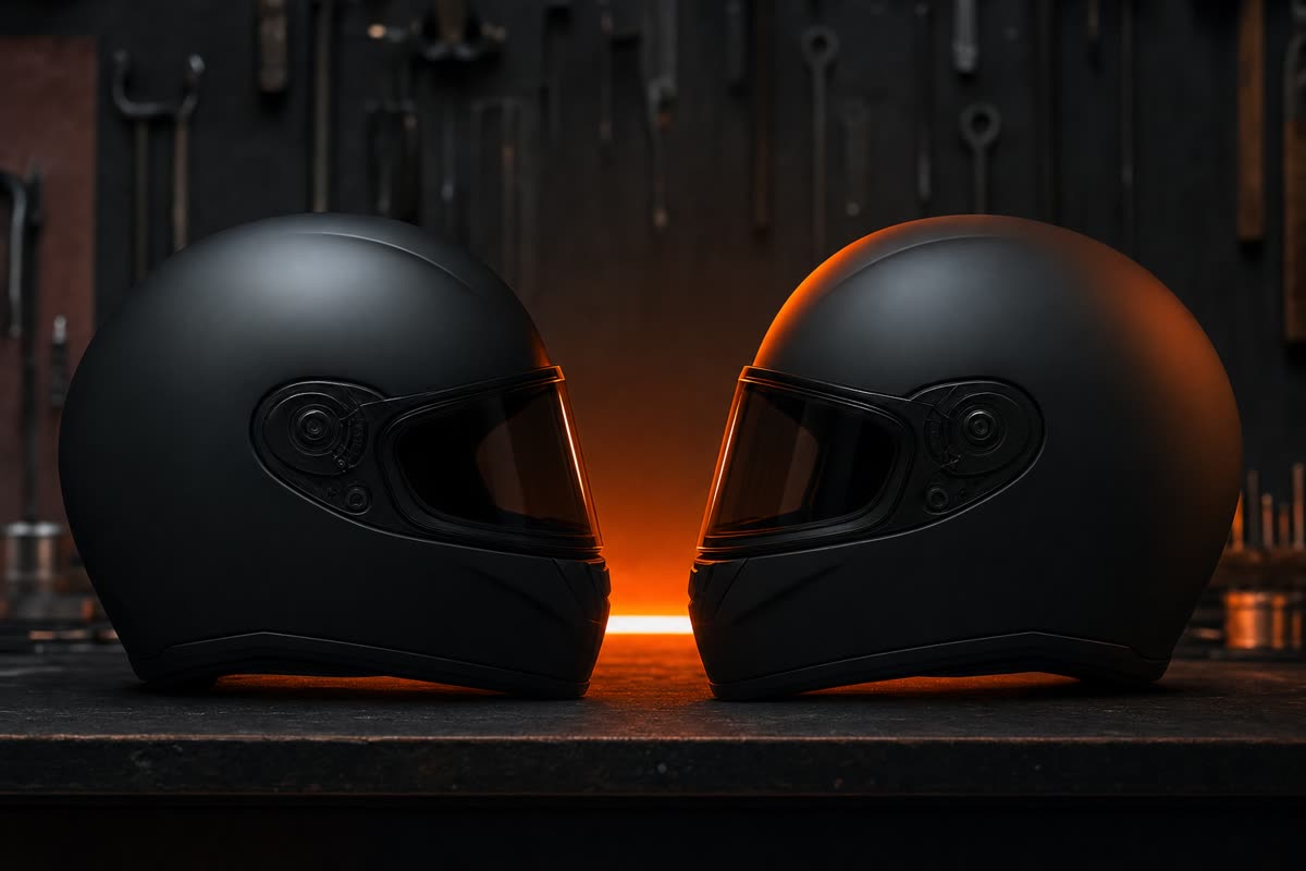 Deux casques intégraux noirs face à face sur un établi, éclairés en contre-jour orange