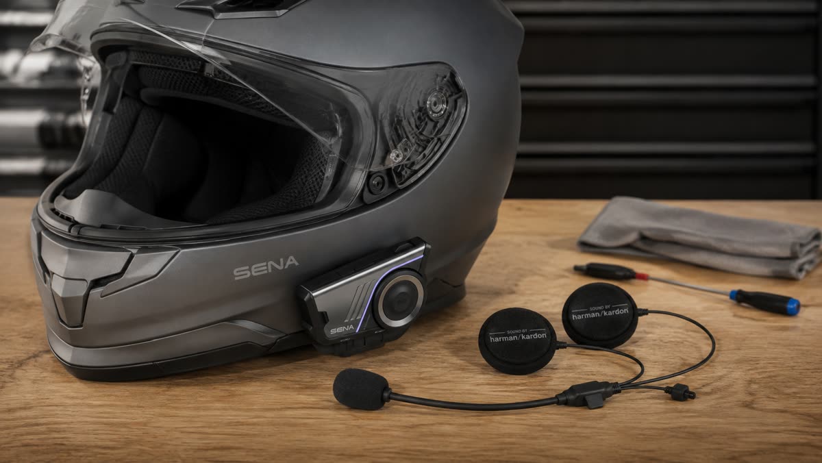 Sena 60S monté sur un casque, avec ses haut-parleurs Harman Kardon de 40 mm et son micro