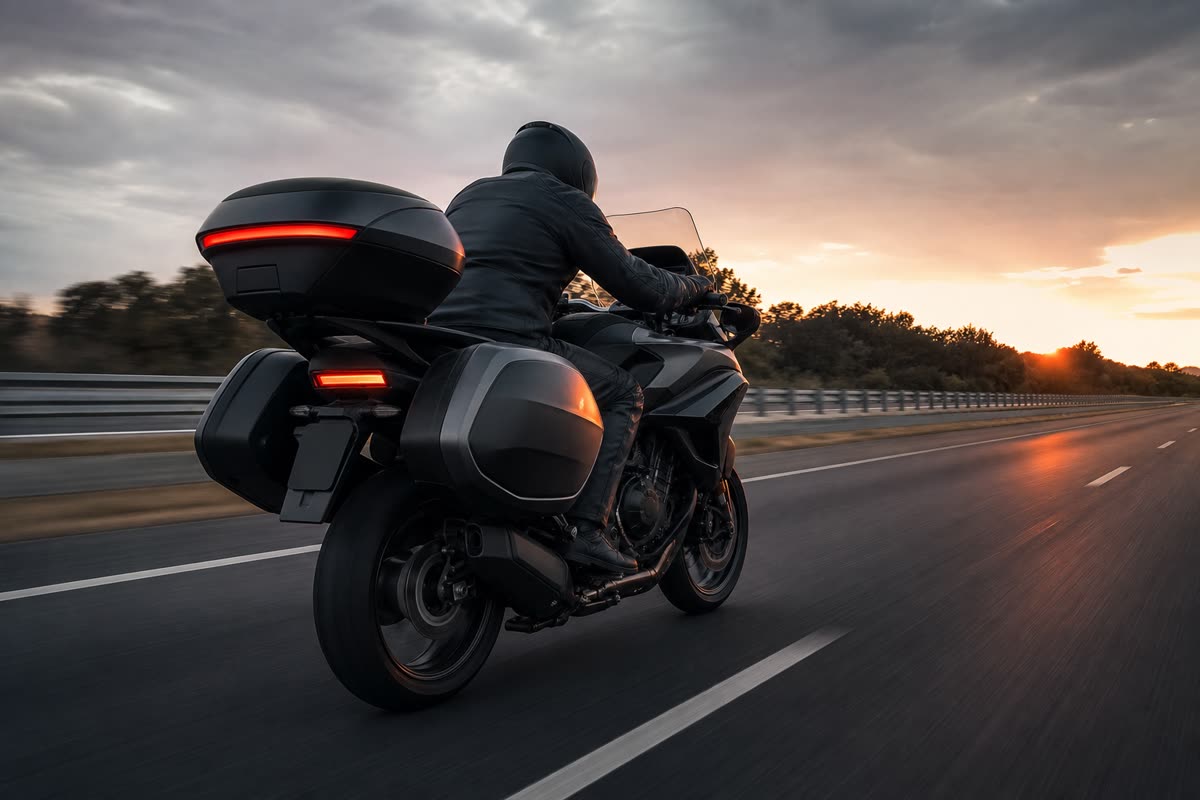 Motard sur une routière chargée de valises, lancé sur l'autoroute au coucher du soleil