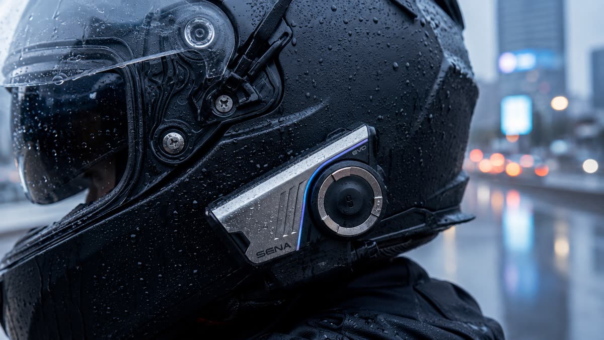 Sena 60S EVO fixé sur un casque intégral mouillé par la pluie, en ville
