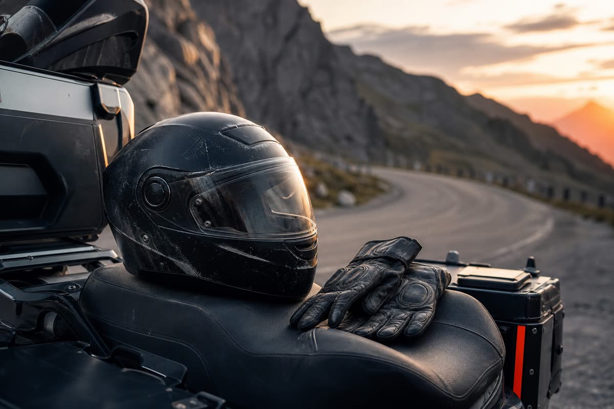 Casque intégral usé et gants en cuir posés sur la selle d'une moto, au bord d'un col