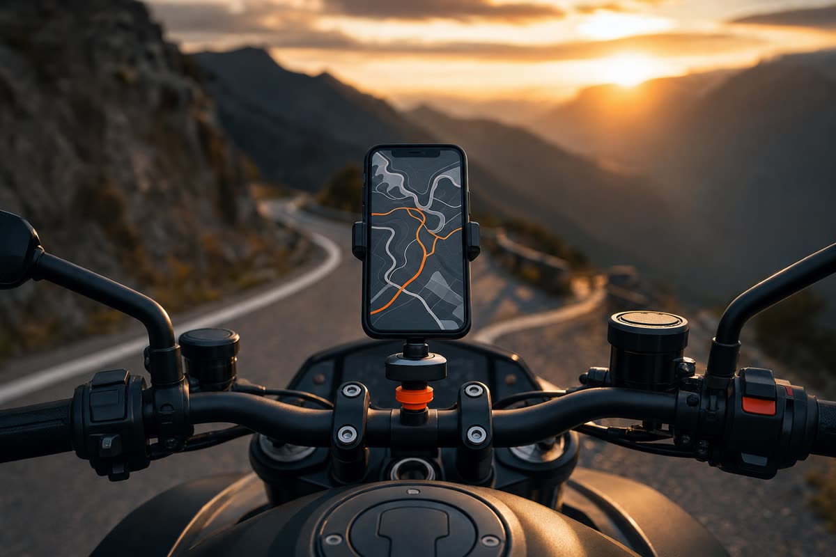 Smartphone fixé au centre du guidon d'un roadster, carte à l'écran, face à une route de col