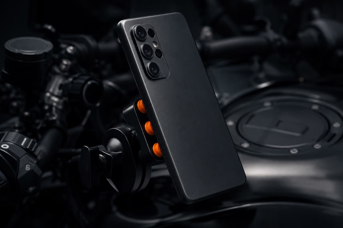 Dos d'un smartphone aux objectifs photo multiples, monté sur un support moto à œillets amortisseurs orange