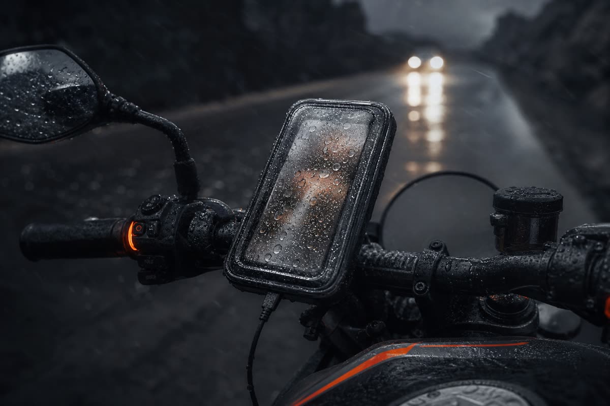Smartphone dans une housse transparente couverte de gouttes, fixé au guidon d'une moto sous la pluie