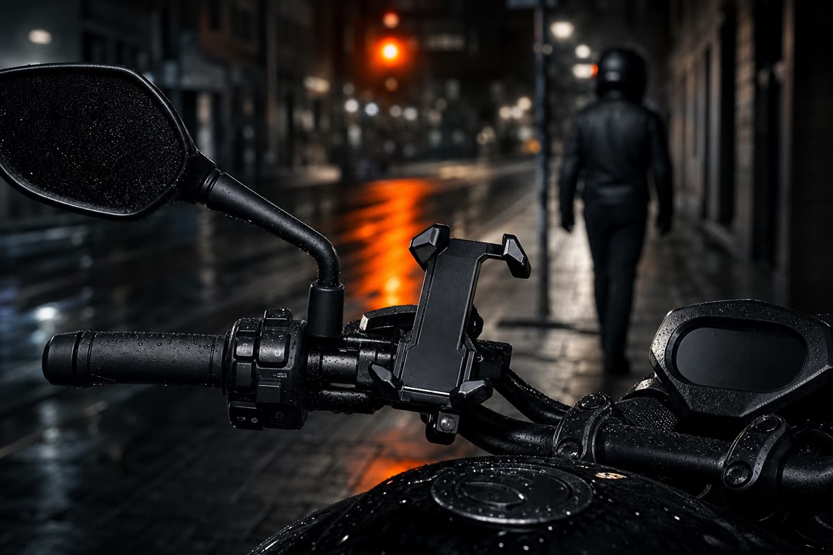 Support de téléphone vide sur le guidon d'une moto garée le soir dans une rue de ville