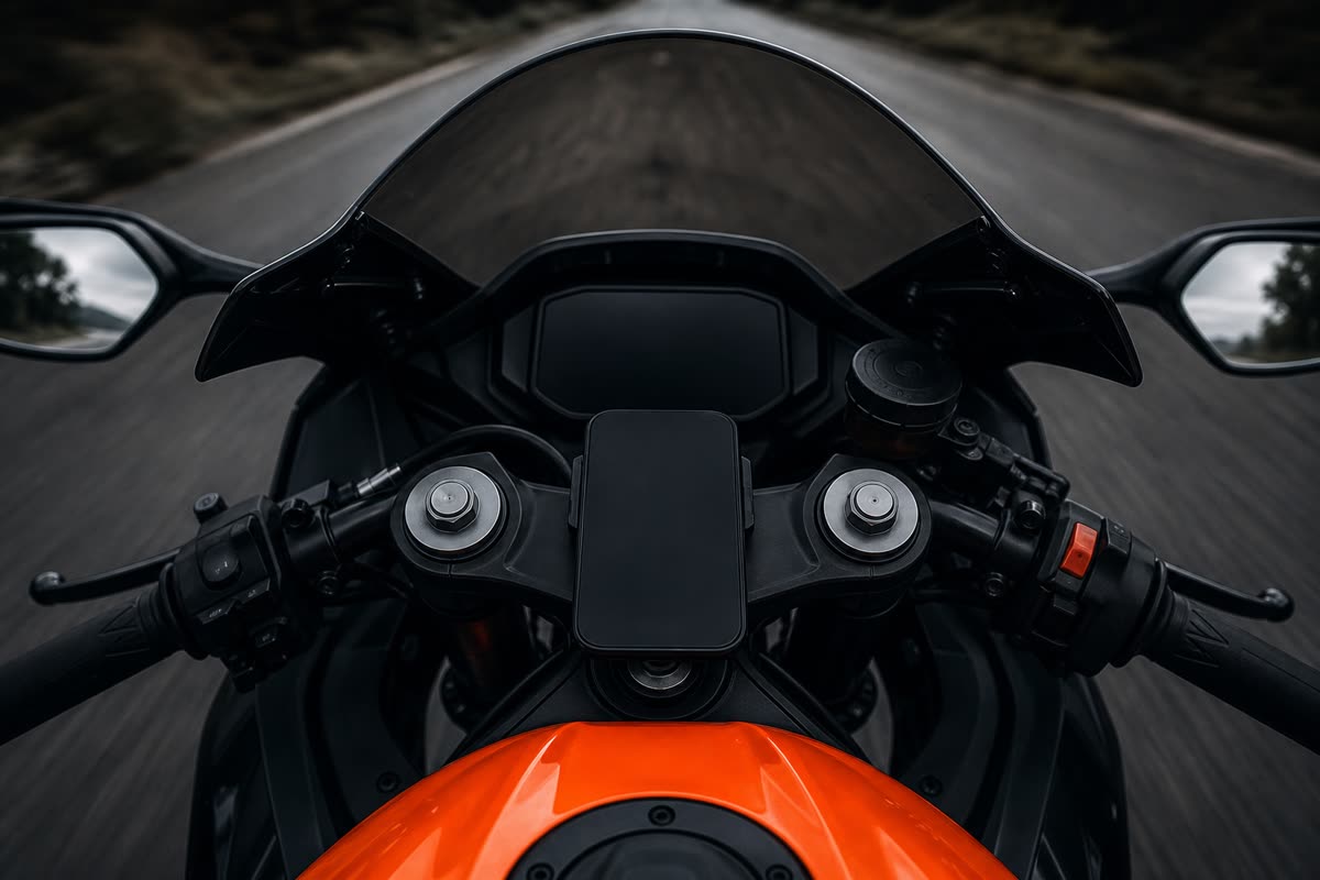 Smartphone fixé au centre du té de fourche d'une moto sportive à guidons bracelets
