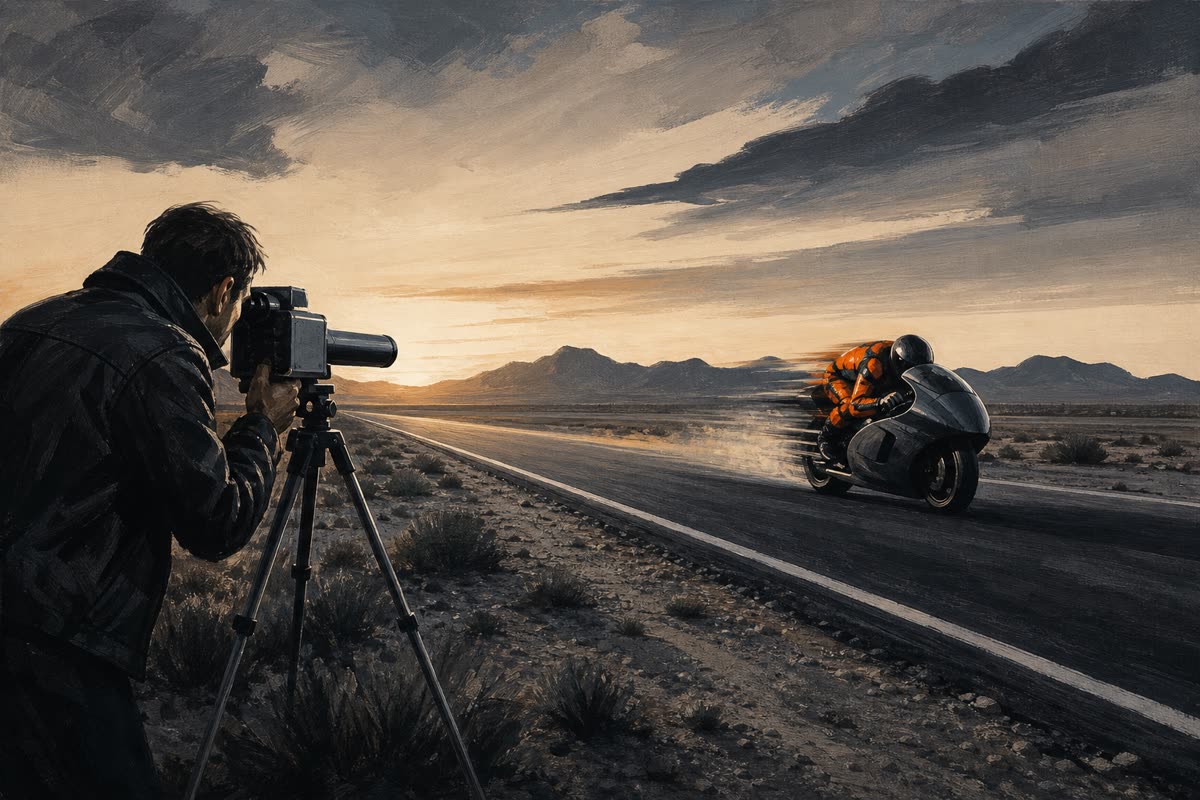 Illustration peinte d'un radar sur trépied visant une moto carénée lancée dans le désert