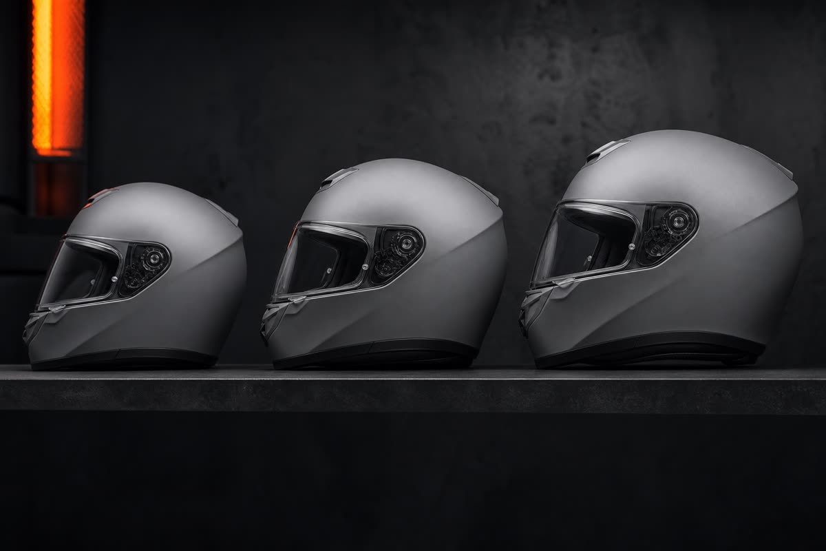 Trois casques intégraux gris identiques alignés sur une étagère, en trois tailles de coque de plus en plus grandes