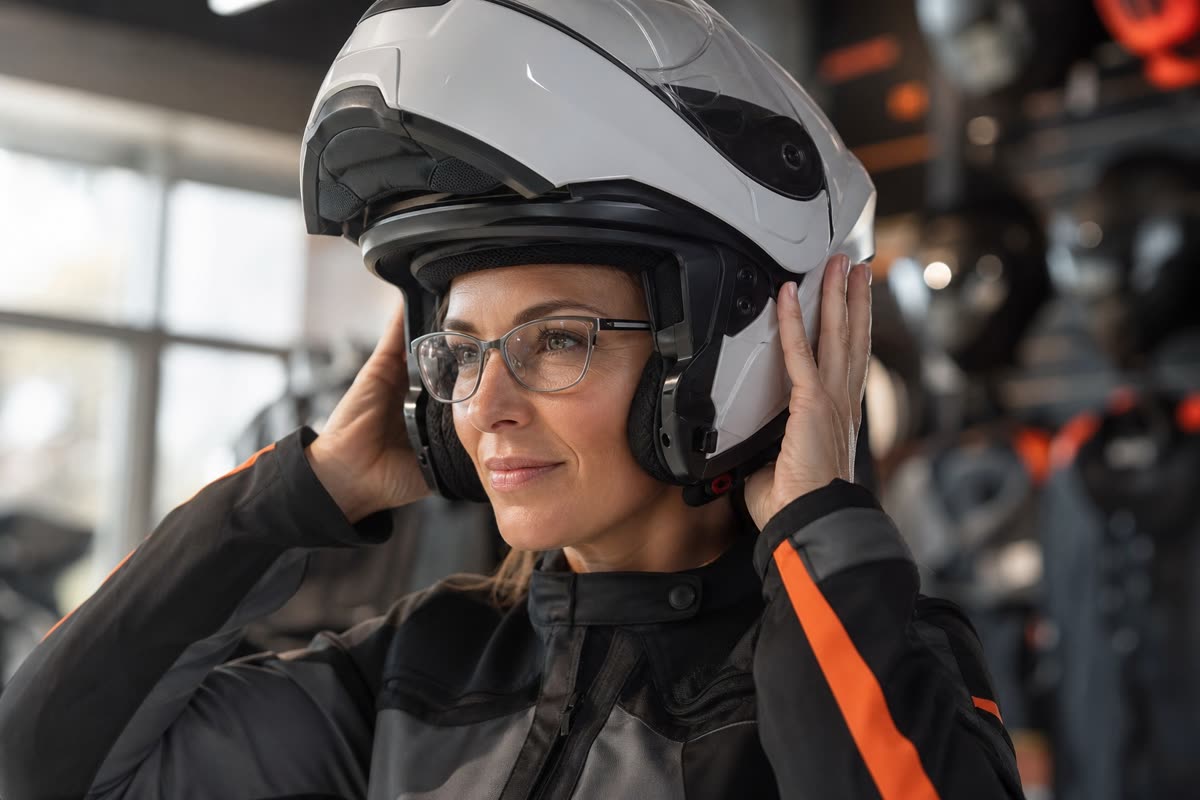 Motarde à lunettes de vue enfilant un casque modulable blanc, mentonnière relevée, dans un magasin d'équipement