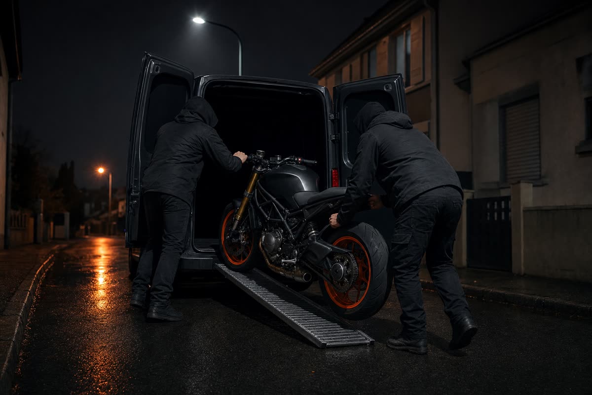 Deux voleurs capuche sur la tête chargent une moto dans une camionnette sombre, la nuit, dans une rue résidentielle