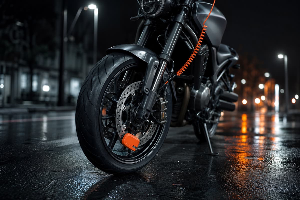 Bloque-disque orange serré sur le disque avant d'une moto garée la nuit sur une rue mouillée