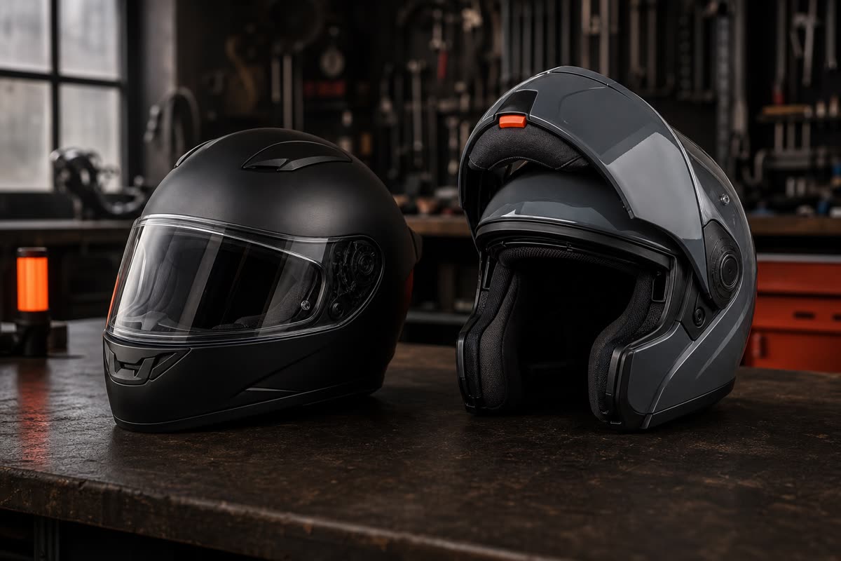 Un casque intégral noir mat et un casque modulable gris à mentonnière relevée, posés sur un établi d'atelier