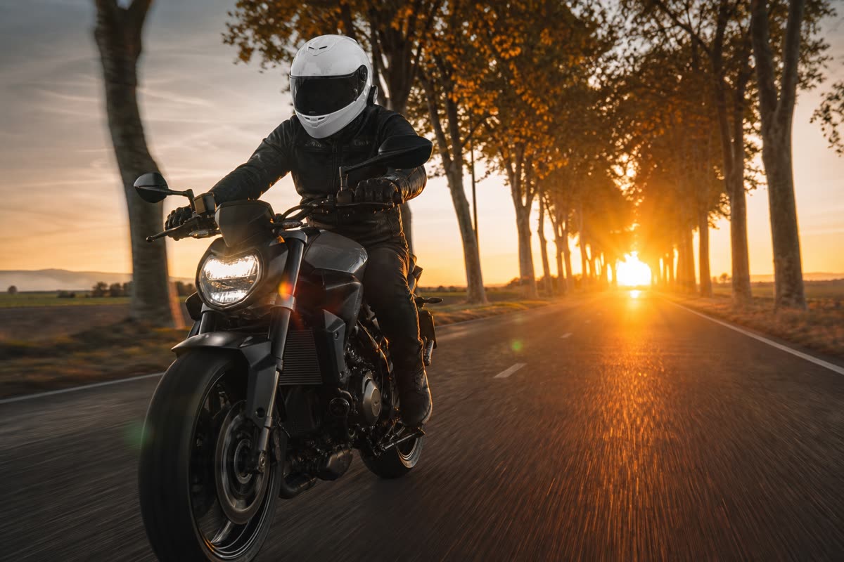 Motard en casque intégral blanc à écran teinté sur un roadster, sur une route bordée de platanes face au soleil couchant