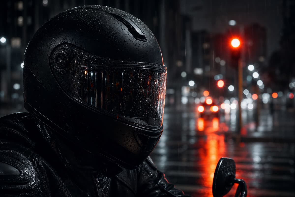 Casque intégral noir mat couvert de gouttes de pluie, arrêté à un feu rouge en ville la nuit