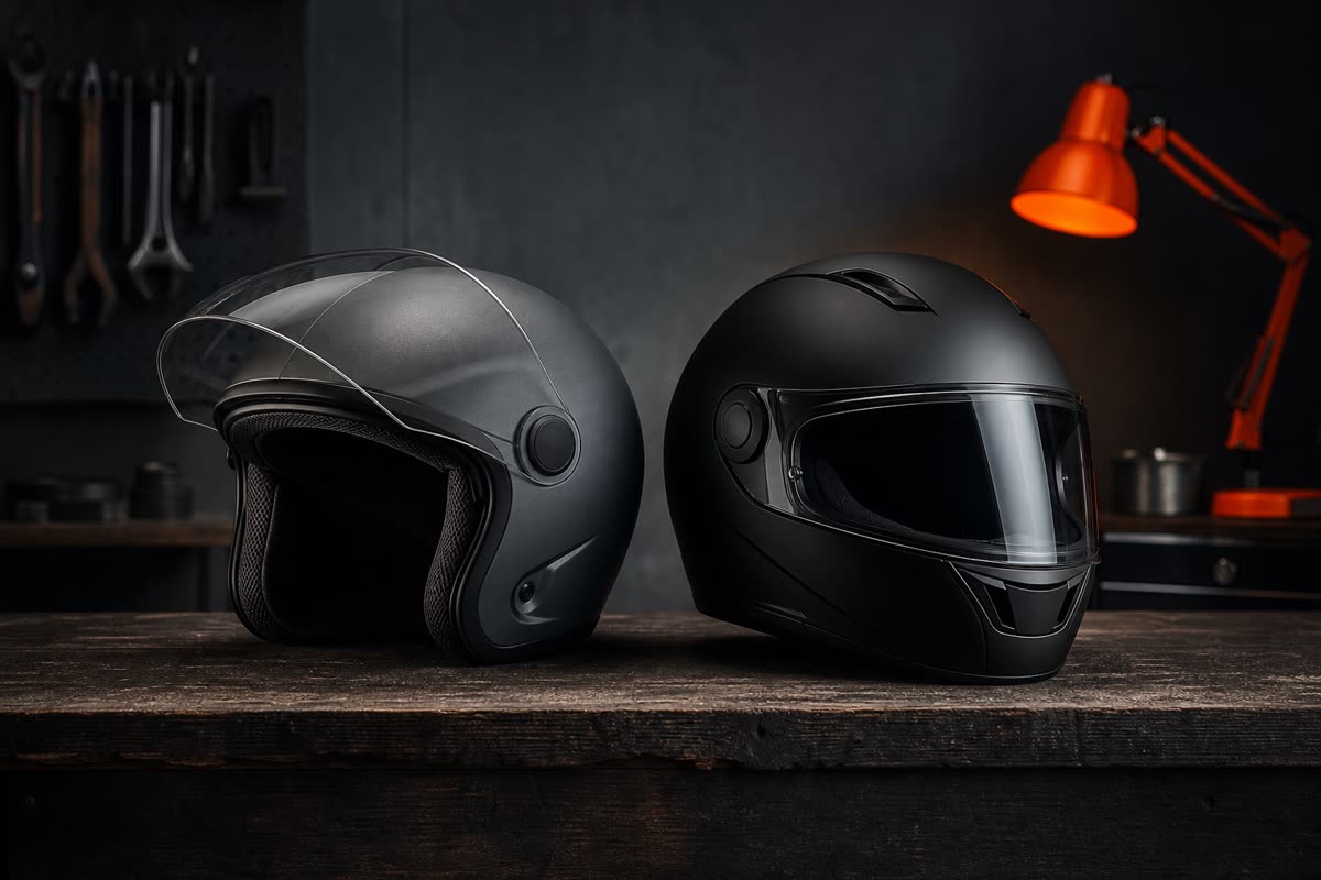 Un casque jet ouvert gris et un casque intégral noir posés côte à côte sur un établi d'atelier