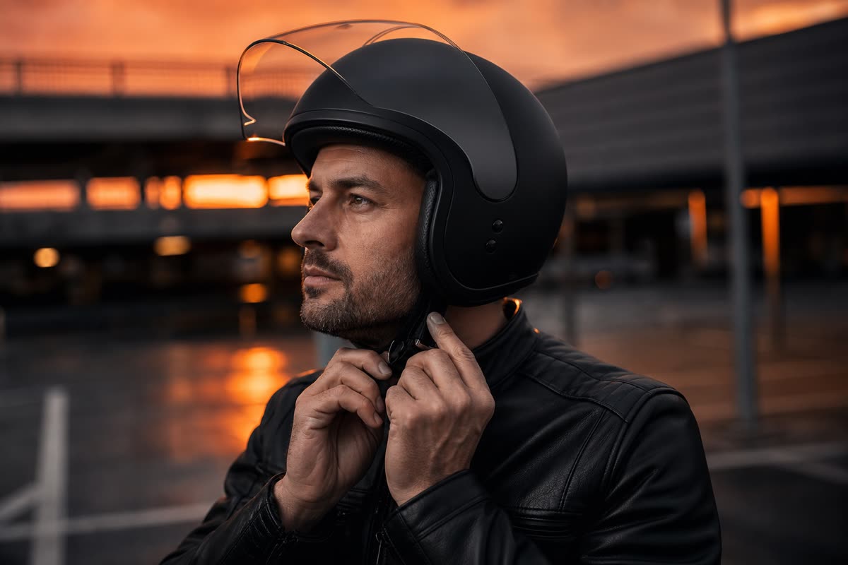 Motard coiffé d'un casque jet noir qui serre sa jugulaire sous le menton, écran relevé