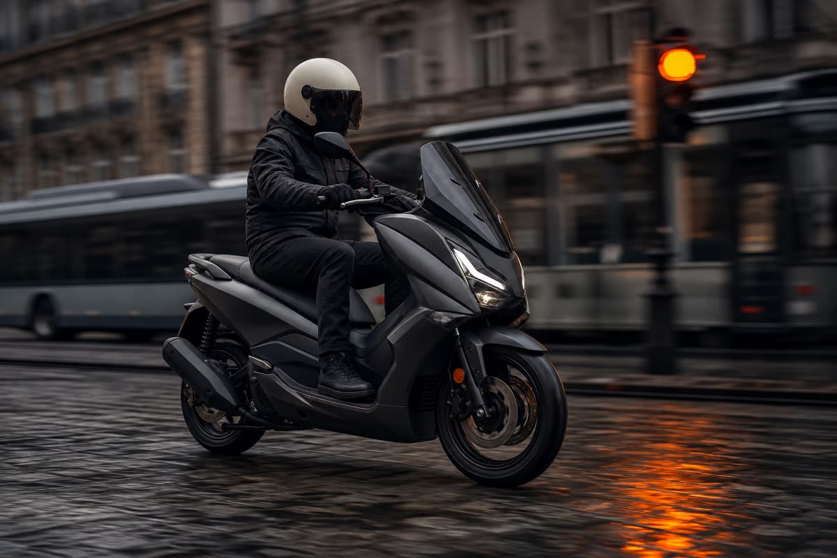 Scooter gris foncé en ville sur pavés mouillés, piloté par une personne en casque jet blanc