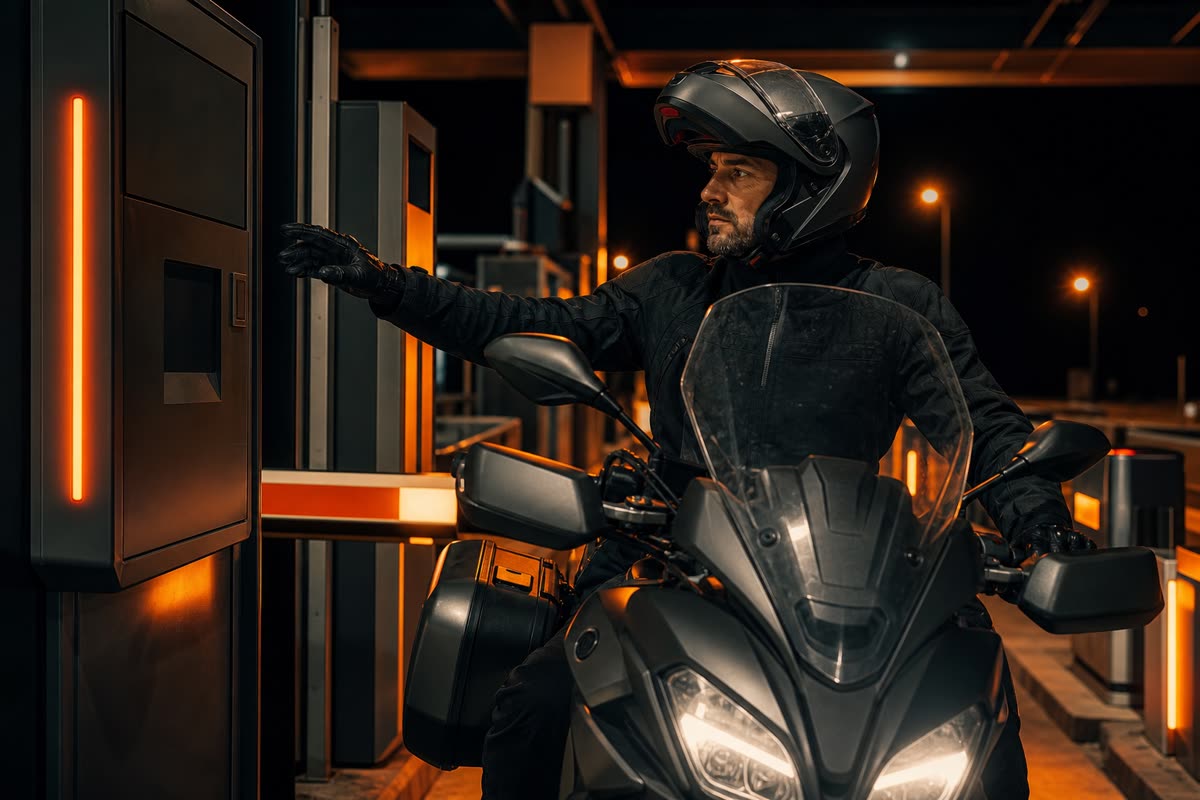 Motard arrêté à une barrière de péage, mentonnière de son casque modulable relevée, main tendue vers la borne