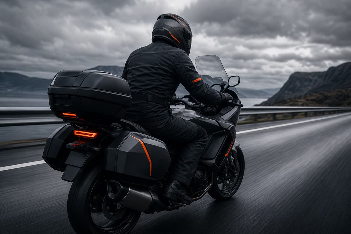 Motard sur autoroute vu de trois quarts arrière, casque modulable fermé, sous un ciel couvert