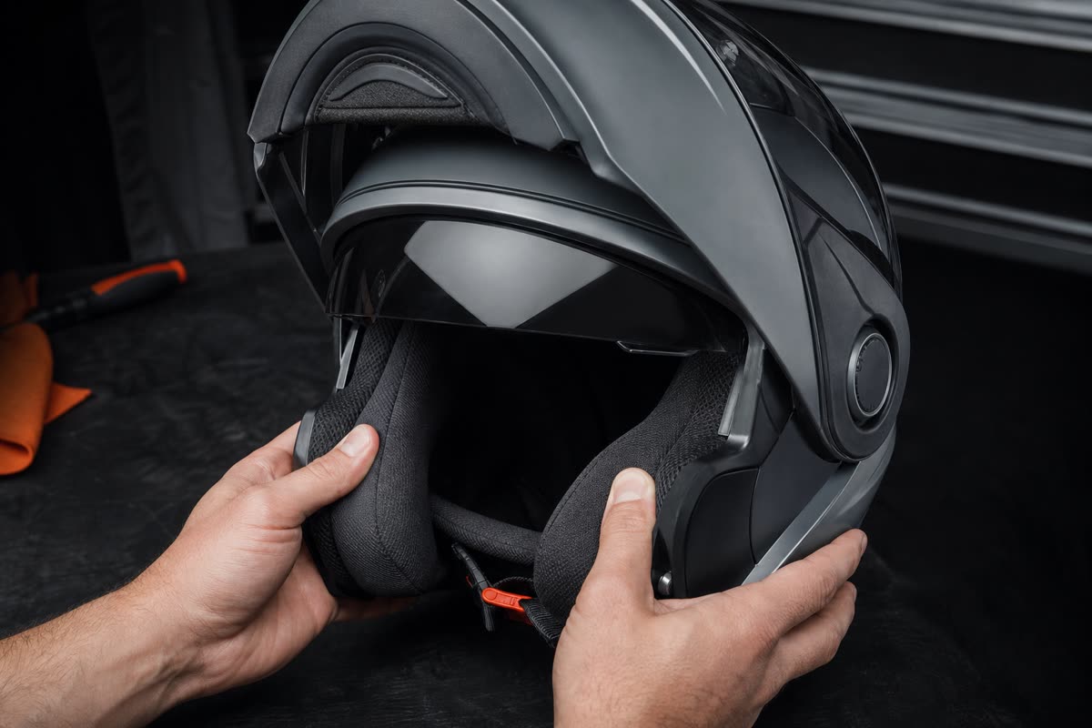 Deux mains pressent les mousses de joues d'un casque modulable gris ouvert, sur un établi sombre