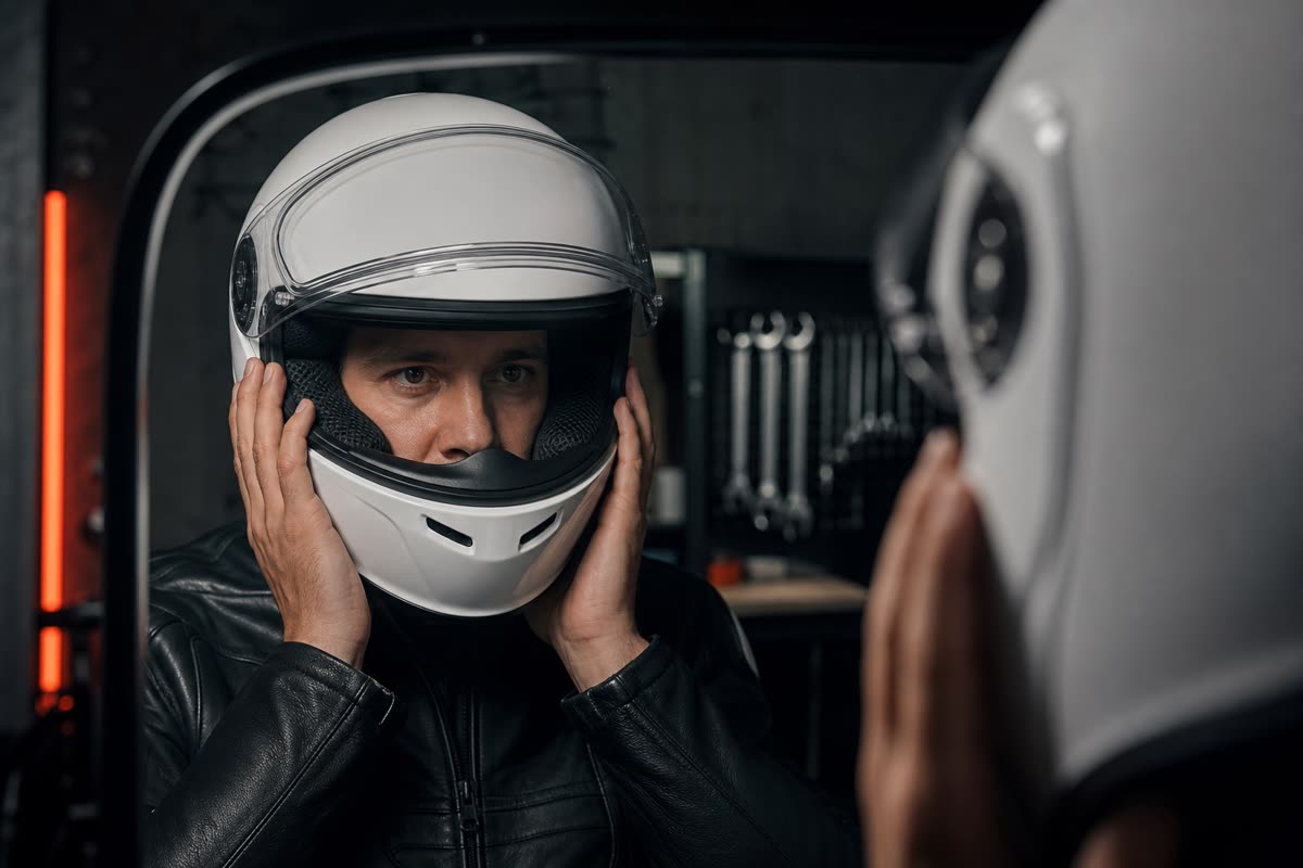Motard coiffé d'un casque intégral blanc devant un miroir, mains sur les flancs pour vérifier le maintien