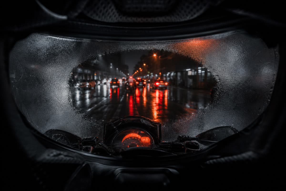 Vue depuis l'intérieur d'un casque la nuit sous la pluie, visière couverte de buée autour d'une zone claire