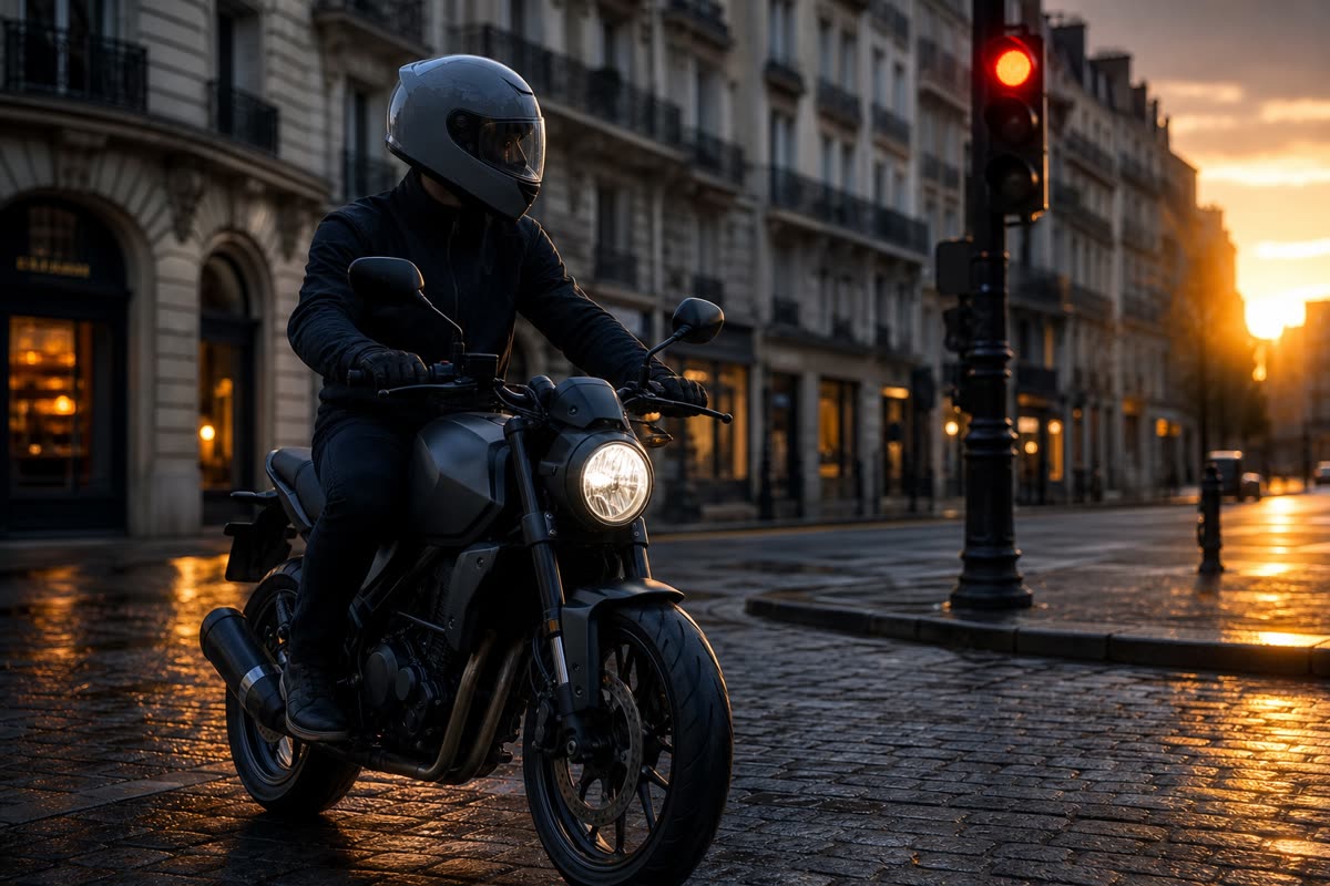 Motard en casque intégral gris arrêté au feu sur une petite moto, sur des pavés mouillés en ville