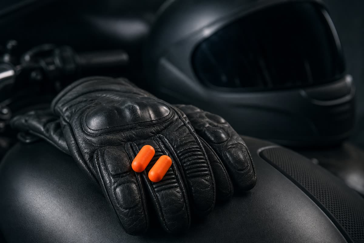 Bouchons d'oreille en mousse orange posés sur un gant de moto, sur le réservoir
