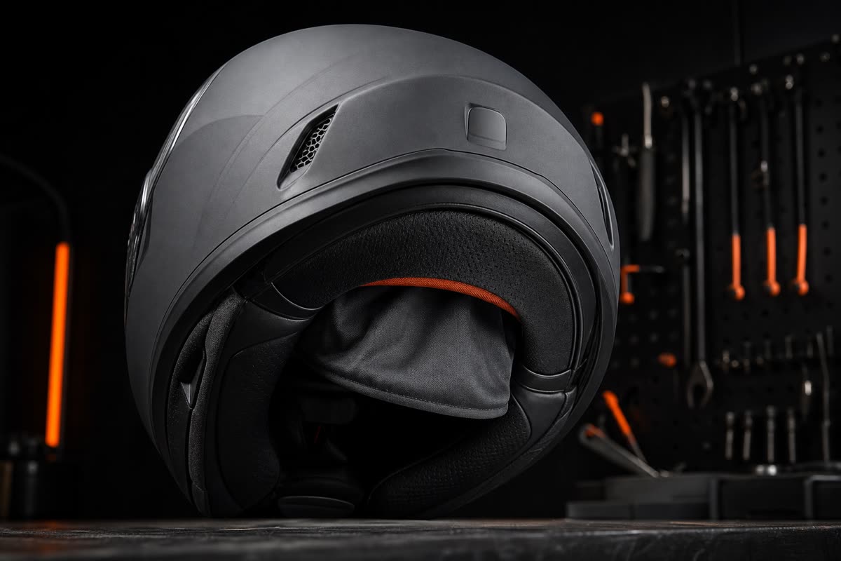 Casque intégral gris retourné sur un établi, bavette sous le menton et tour de cou visibles