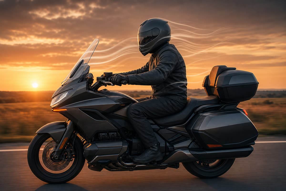 Routière à grande bulle au coucher du soleil, filets d'air qui passent au-dessus du casque du motard