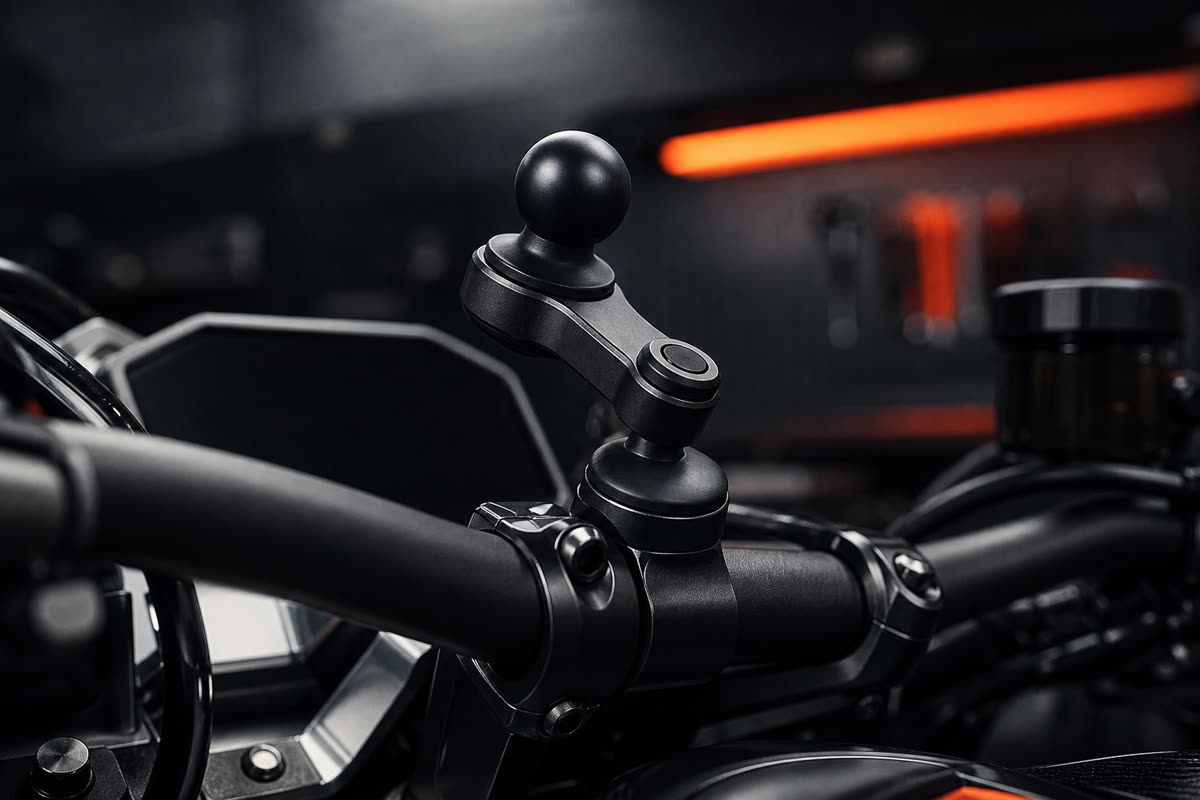 Bras de fixation à boule noire serré sur le guidon d'une moto, dans un atelier sombre
