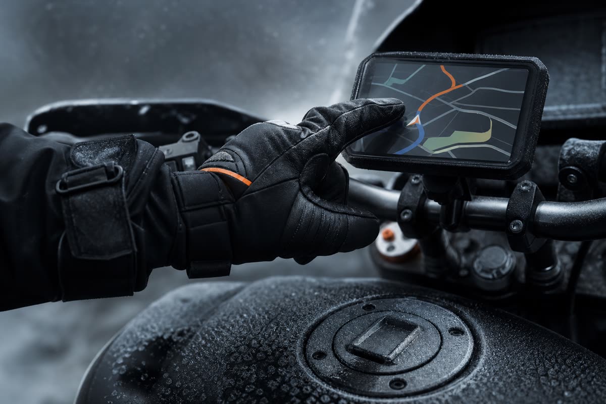 Main gantée de cuir qui touche l'écran d'un GPS moto mouillé par la pluie, carte affichée