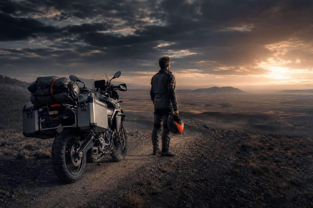Motard debout près de sa moto de voyage chargée de valises, sur une piste face à un plateau désert au couchant