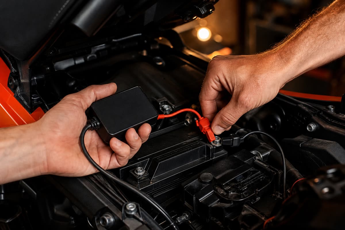 Mains qui branchent le câble rouge d'un petit boîtier traceur noir sur la batterie d'une moto