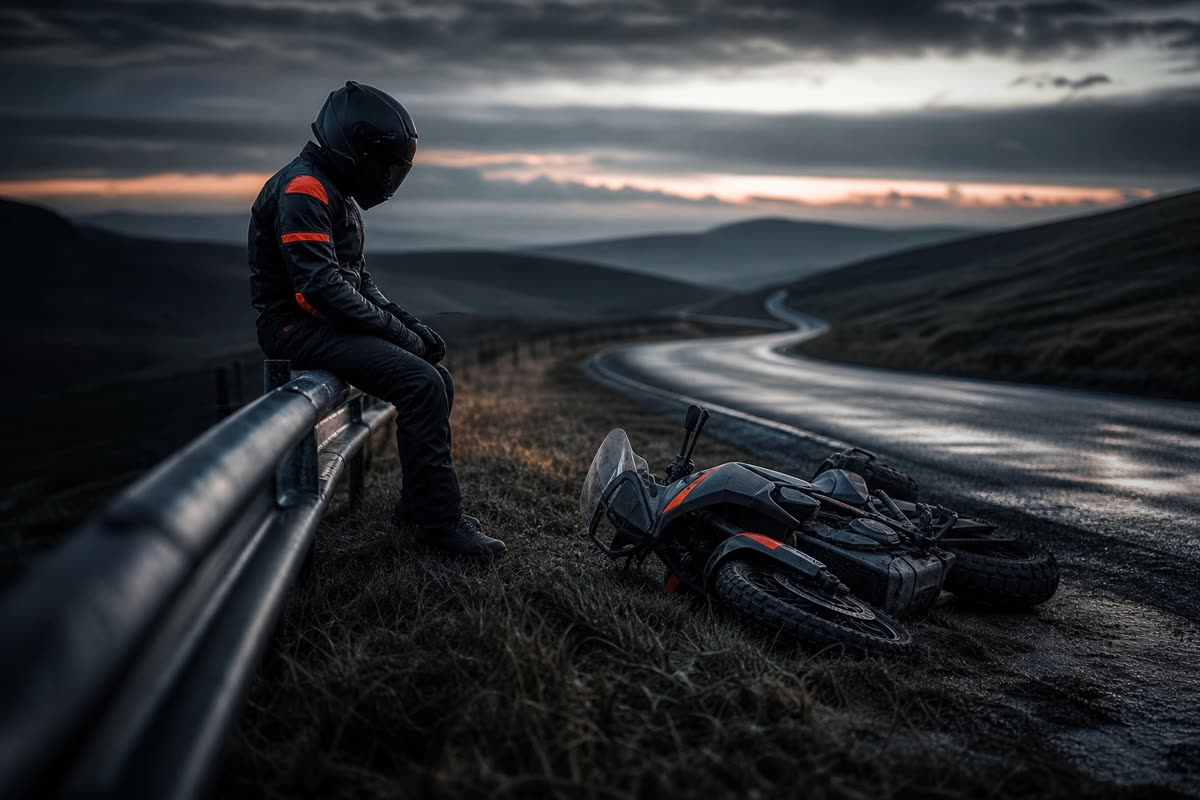 Motard assis sur la glissière au bord d'une route de montagne, sa moto couchée dans l'herbe à ses pieds
