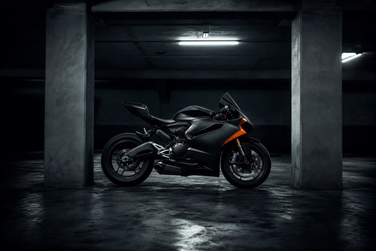 Moto sportive noire garée entre deux piliers de béton dans un parking souterrain éclairé au néon