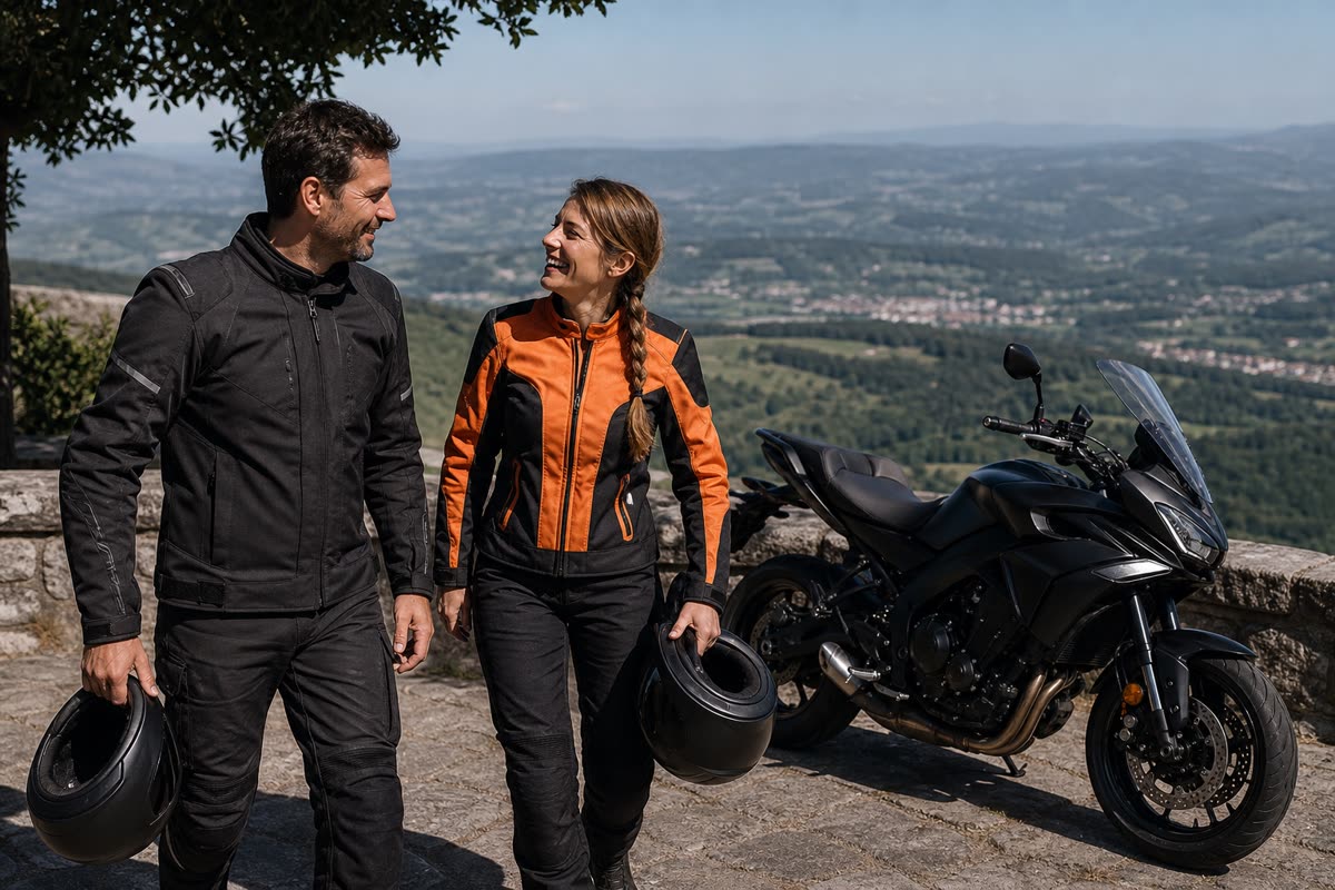 Couple de motards casques à la main sur un belvédère, leur moto routière garée derrière eux