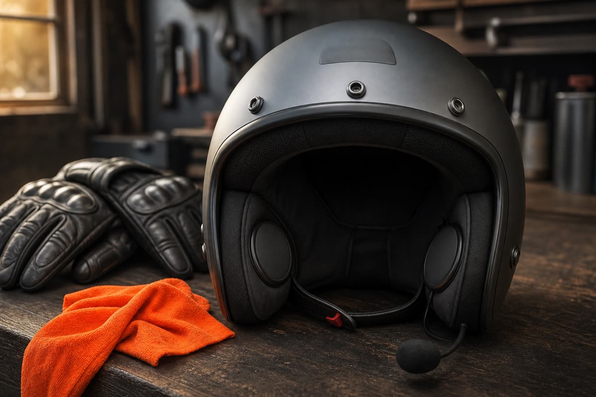 Casque jet posé sur un établi, haut-parleurs dans la coiffe et micro sur tige monté